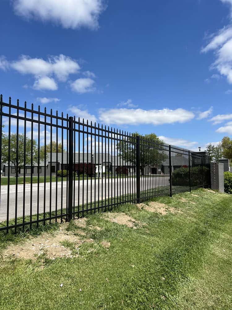 A black metal fence runs alongside a road, with green grass in the foreground and a bright blue sky with scattered white clouds overhead. Buildings and trees are visible in the background.