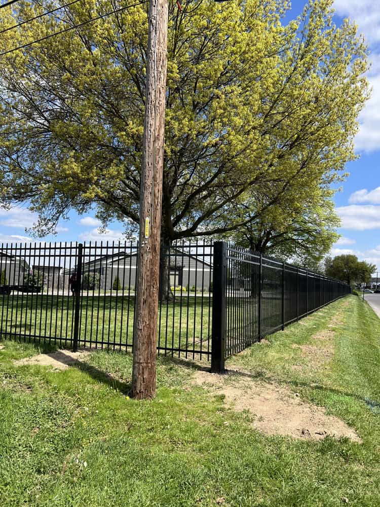 A tall wooden utility pole stands in front of a black metal fence, with a large tree and green grass behind it, under a partly cloudy blue sky.